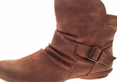 Womens Faux Leather Flat Ruched Ankle Boots Buckle Ladies Girls Warm Shoes Taupe Size UK 5