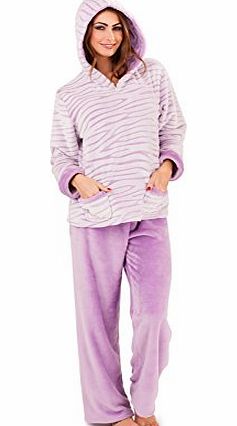 Womens Fleece Lounge Pants + Hooded Jumper Set Warm Pyjamas Nightwear Ladies Girls Navy Size UK 12-14