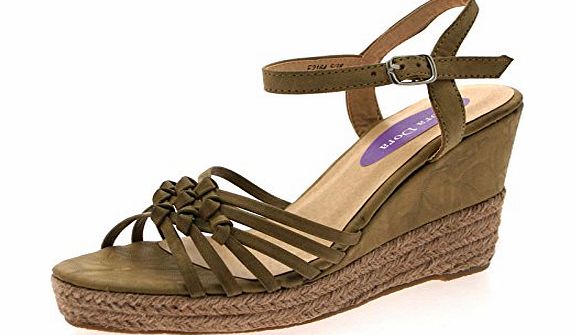 Lora Dora Womens Hessian Strappy Wedge Heels Sandals Faux Leather Ladies Platforms Summer Party Tan Shoe Size UK 5