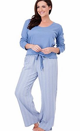 Lora Dora Womens Long Pyjamas 2 Piece Set Long Sleeved Nightwear Ladies Pjs Pjs Xmas Gift Presents Cream/Blue Owl Pants Size UK 16-18