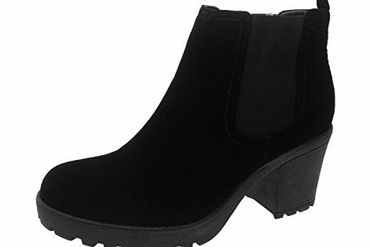 Lora Dora Womens Mid Chunky Block Heel Chelsea Low Ankle Boots Twin Gussets Platform Faux Suede Ladies Shoes Black Suede Size UK 5