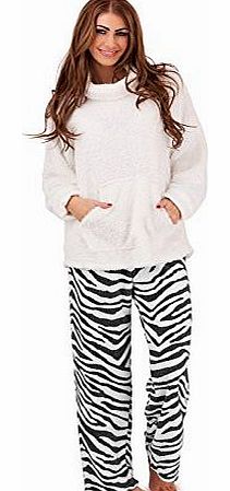 Womens Nightwear Fleece Lounge Pants + Jumper Set Warm Pyjamas Pjs Ladies Black Zebra Size 8-10