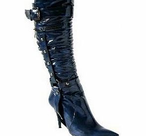 Lora Dora Womens Patent Knee High Heel Boots Stiletto Faux Leather Ladies Studded Shoes Blue Size 5