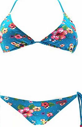 Lora Dora Womens Triangle Bikini Set Top   Bottoms Blue Pink Flower Size UK 10