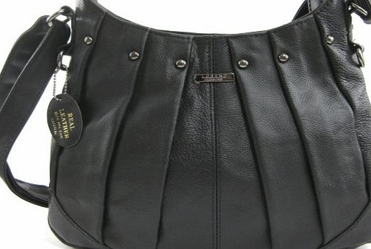 Lorenz On Trend Ladies Real Leather Handbag / Shoulder Bag with Pleated Design and Long Adjustable Strap (Black)