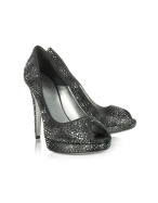 Black Swarovski Crystal Peep-Toe Satin Pump Shoes