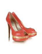 Coral Stamped Leather and Cork Platform Pump Shoes