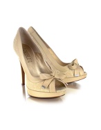 Sand Top Bow Leather Peep-Toe Pump Shoes