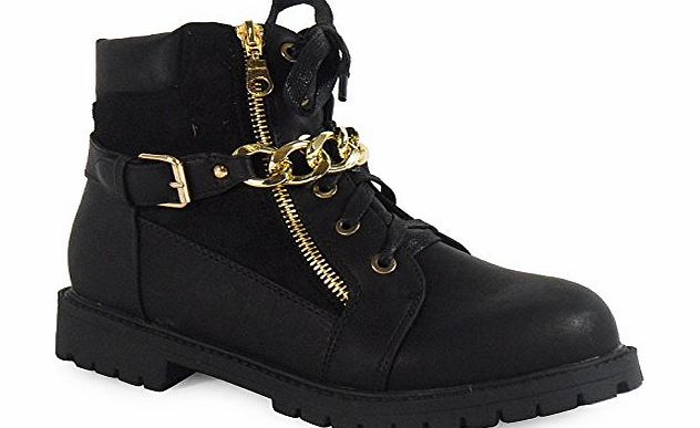 Loud Look LoudLook New Womens Ladies Ankle Lace Up Gold Buckle Flat Shoes Combat Boots Trainers Size 6