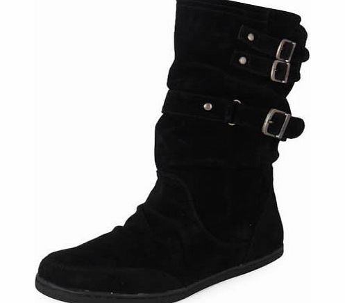 Loud Look LoudLook New Womens Ladies Black Flat Ankle Buckle Studs Casual Work Boots Shoes Size 3 4 5 6 7 8 UK
