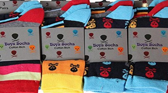 12pairs Boys Designer Skull Stripe Cotton Blend Pattern Design Funky Bright Colour Socks Kids School Socks UK Shoe Size 6-8