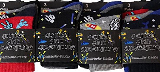 12pairs Boys Pattern Design School Socks Kids Action & Adventure Cotton Blend Socks UK Shoe Size 9-12