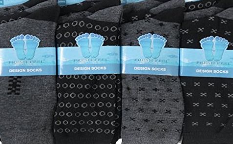 12pairs Mens Designer Heel Velt Toe Design Everyday Cotton Blend Suit Pattern Design Socks Shoe Size 6-11 Black and Grey Colours