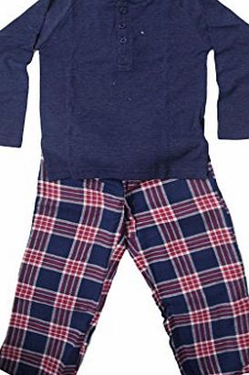 Boys Cotton Rich Pyjama Set Boys Kids Long Sleeve Top with Check Design Long Lounge Pants Nightwear Nightsuit Navy 8-9 Years