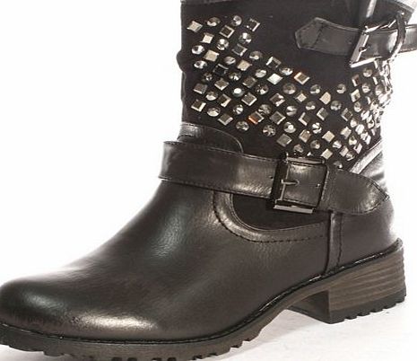 Womens Ladies Low Heel Studded Buckle Strap Short Biker Ankle Boots UK Sizes 3-8 (uk6/39, Black)