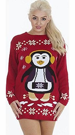 Love My Fashions Womens Ladies Cartoon iPod Penguin Headphones Comic Novelty Festive Christmas Xmas Knitted Jumper Dress Size S M L XL 8 10 12 14 - Red - S/M
