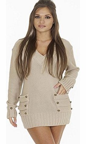 Womens Ladies Full Length 14 Button V-Neck Knitted Jumper Dress