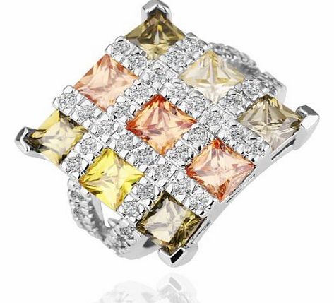 White Gold Plated and Autumn Colour Genuine Crystal Chequer Board Dress Ring Finger Size R