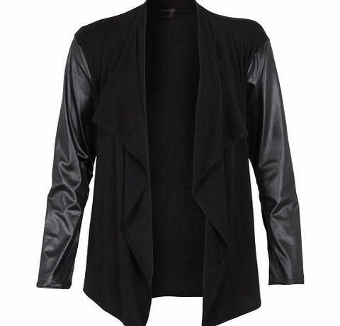 Lush Clothing C10-Wet Look Pvc Long Sleeve Open Waterfall Drape Cardigan Top-Black - M/L = Uk 12-14