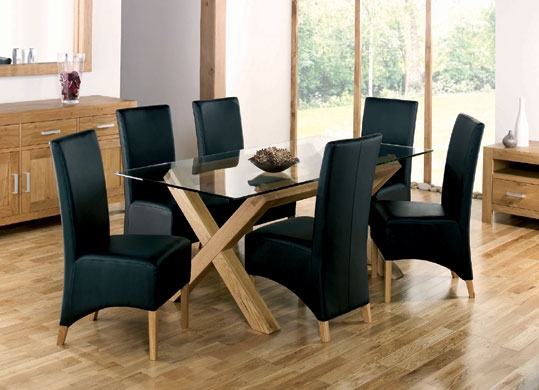 lyon Oak Glass Dining Table and 6 Black Wing