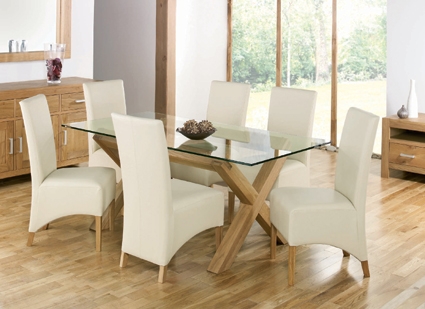 Oak Glass Dining Table and 6 Ivory Wing