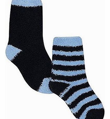 Boys Super Soft And Cosy Plain And Striped Fluffy Bed Socks - 2 Pack Blue 4/6H