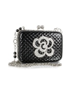 Jeweled Black Quilted Patent Leather Evening Clutch w/Chain Strap