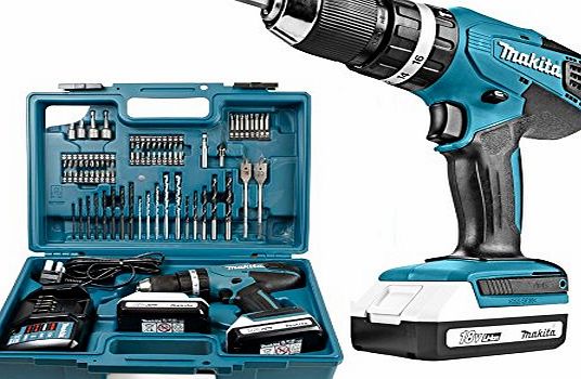 Makita 18 V Cordless Combi Drill, 2 x Batteries, Charger and Accessory Kit, 70 pc.