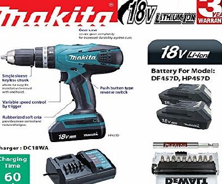 HP457D 18v Li-Ion Cordless Combi Hammer Drill with 2 x Makita BL1813G Batteries and 1 x Makita DC18WA Charger and Canvas Carry Bag , Fulfilled by Amazon