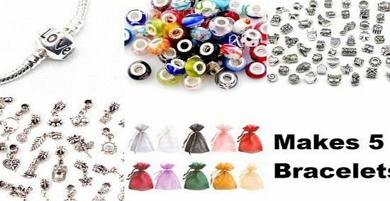 MAKS Charm Bracelet Gift Set 1- Makes 5 Complete bracelets. Includes 5 pandora style charn bracelets, 25 Murano glass beads, 10 Tibetan charms, 10 Tibetan Dangle charms, 5 Clip stops and 5 Organza gift bag