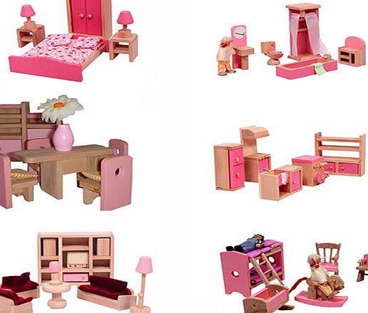 MAMAKIDDIES  Wooden Doll House 40 Plus Furniture and Dolls (Pink)