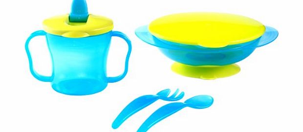 Mammoth XT Supplements Baby Dinner Set with Lid - Suction Bowl / Cup with Spout / Knife amp; Fork - 6m  - BLUE
