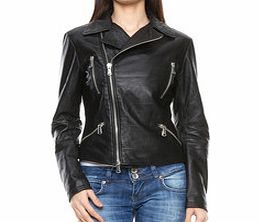 Black leather zip detail biker jacket