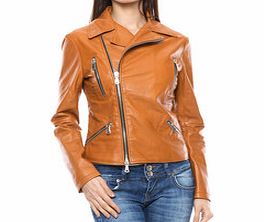 Cognac leather zip detail biker jacket
