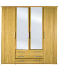 4 Door 3 Drawer Mirrored Wardrobe - Oak