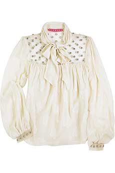 Ivory silk floral jacquard blouse with a stud embellished voile panel across top.