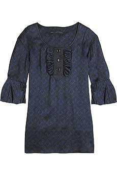 Navy-and-black satin printed blouse with frill trim and lantern sleeves.