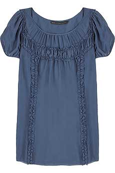 Storm blue silk cap sleeve blouse with a frill detail yoke.