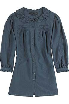 Teal silk-and-cotton blend Oxford stripe blouse with smocked breast pockets and pleated princess col