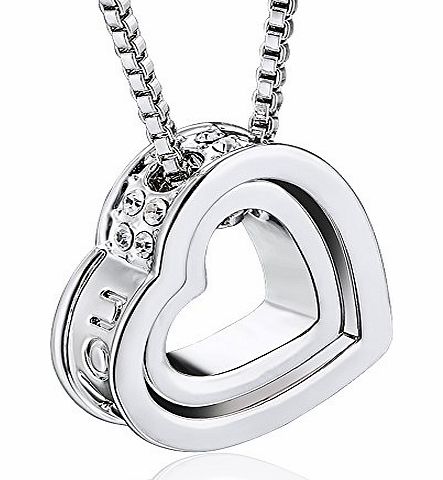 Valentine Gifts MARENJA Gifts For Her-``Eternal Love`` Double Hearts Pendant Necklace for Women Engraved with ``I love you`` Transparent Inlaid Austrian Crystal White Gold Plated Chain Length 40-45cm/15.7