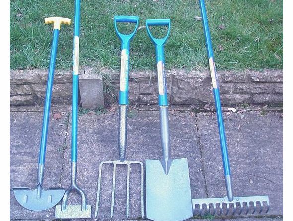 Set of 5 Gardening Tools, Shovel, Fork, Rake, Hoe, Edging Spade