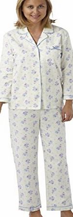 Marlon Ladies 1005 Brushed Cotton Winceyette Traditional Shirt Style Long Sleeved Pyjamas. Cream Background with Pink or Blue Floral Design. Sizes 8-10 12-14 16-18 20- 22 24-26 (24-26, BLUE)