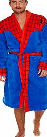 Marvel Spiderman Bathrobe, Mens Retro Inspired Hooded Fleece Dressing Gown Robe, Blue