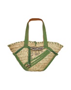 Charm Pendants Green Leather and Straw Tote Bag