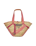 Charm Pendants Pink Leather and Straw Tote Bag