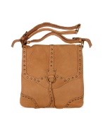 Embellished Camel Calf Leather Studded Messenger Bag