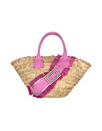 Embellished Lavender Leather and Straw Tote Bag
