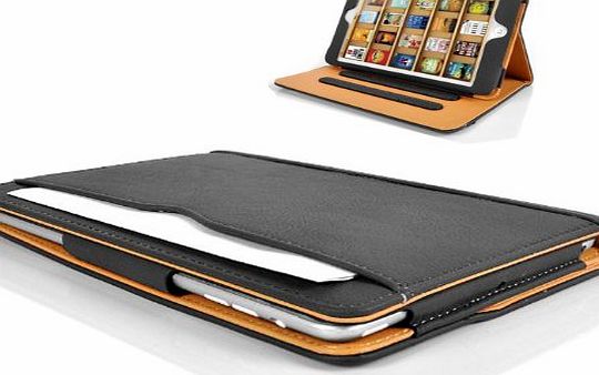 MAU Apple iPad Mini / iPad Mini 2 Black & Tan Leather Wallet Smart Flip Case Cover with Magnetic Sle