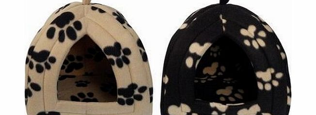 Max and Tilly Igloo Pet Bed for Cats or Toy Breed Dogs (Black with Caramel Paw Prints)