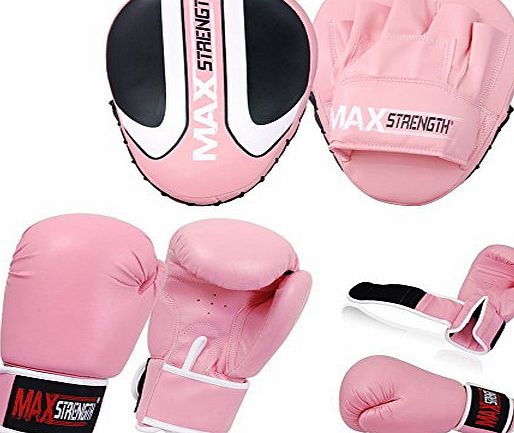 Max Strength Max Pink Unisex rex leather 8oz Gloves / Curved Focus Pads
